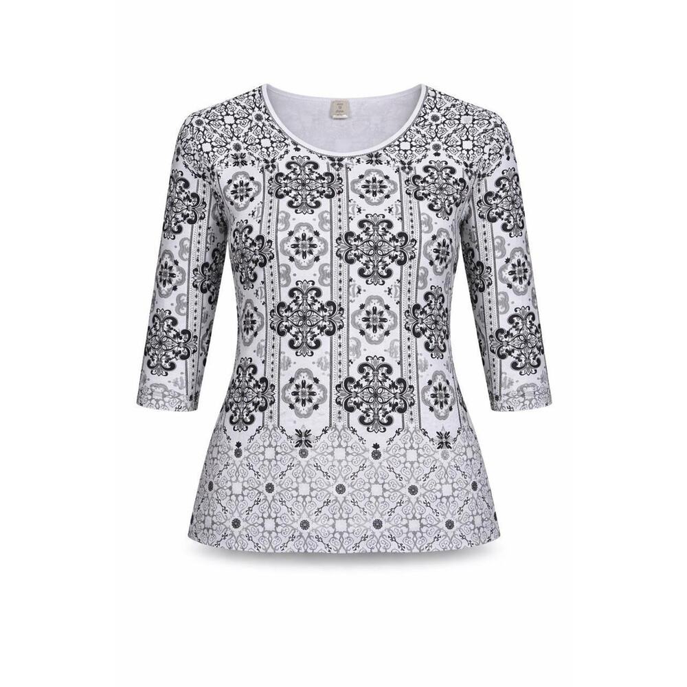 Jess & Jane Vertical Top XL Black White Damask Rhinestone 3/4 Sleeve Cotton